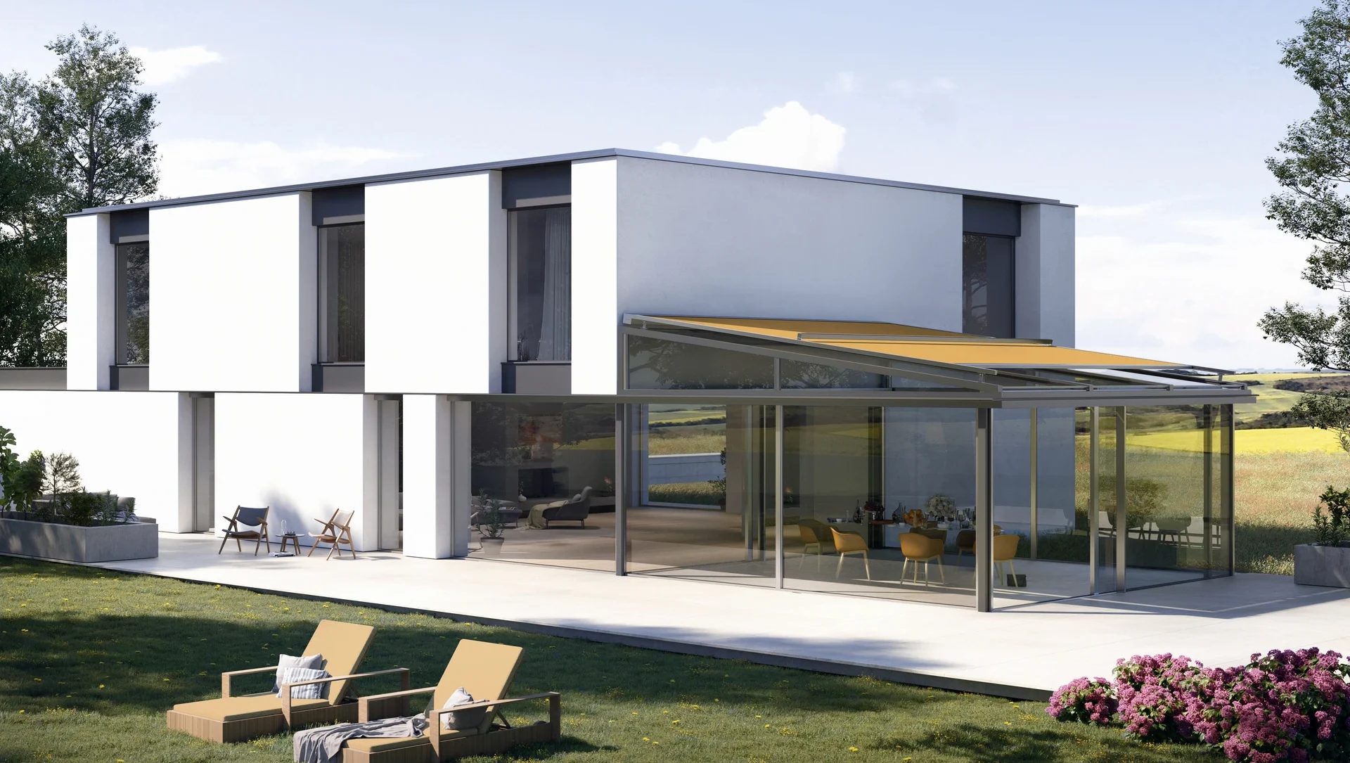 Modernes Wohnhaus mit Wintergarten und Sonnenschutz